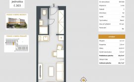 Apartment, 1+kk, 3<sup>th</sup> Floor, 22.6 m<sup>2</sup>